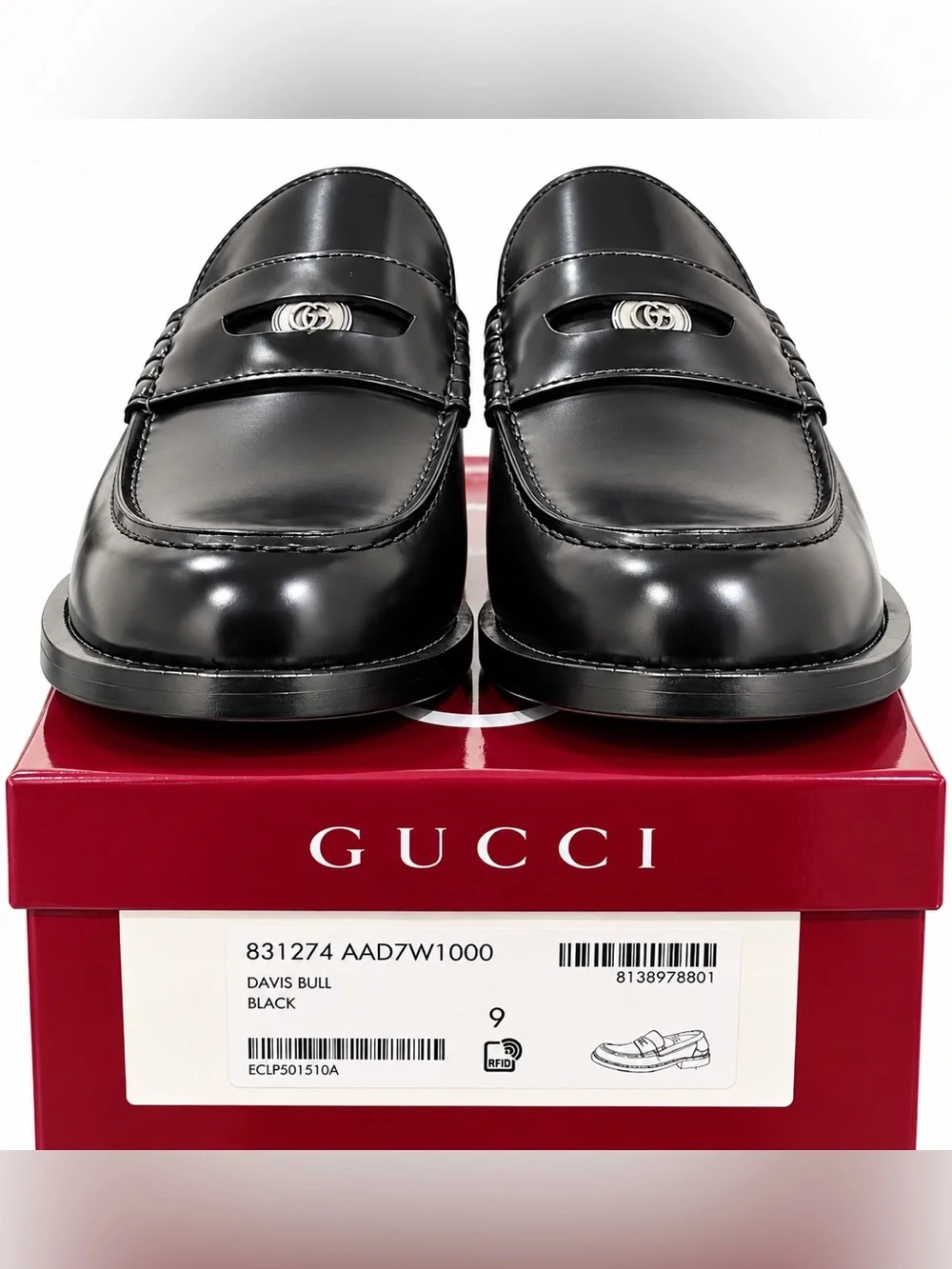 Gucci Black Leather GG Logo Penny Loafers